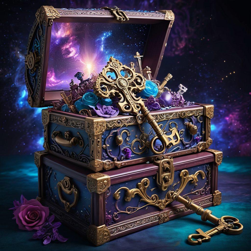 A vibrant, abstract representation of a key unlocking a treasure chest filled with digital tools, symbols of insights like light bulbs and gears, set against a backdrop of a dynamic, swirling galaxy. The image embodies the excitement of exploration and discovery, inviting viewers to maximize their Alkoora experience. super-realistic. vibrant colors. 3D.