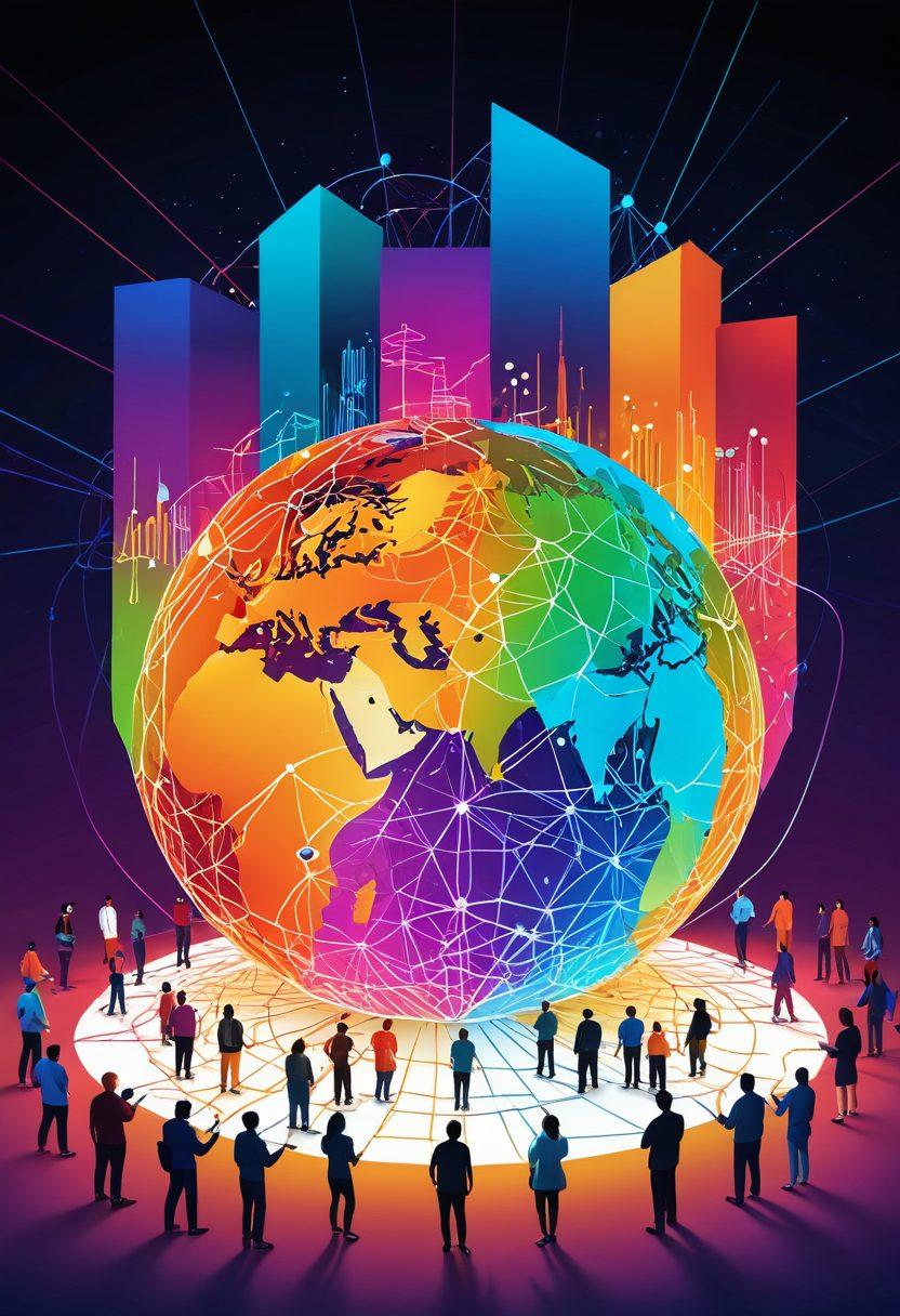 A visually striking illustration of a digital community hub representing Alkoora, featuring diverse people collaborating in a vibrant virtual landscape. Include elements like technology, connection (represented by network lines or glowing pathways), and symbols of community strength (like hands joined or diverse cultures). The background should showcase a blend of modern and cultural architecture to symbolize inclusivity and innovation. Use bright, uplifting colors to evoke a sense of empowerment. super-realistic. vibrant colors. 3D.