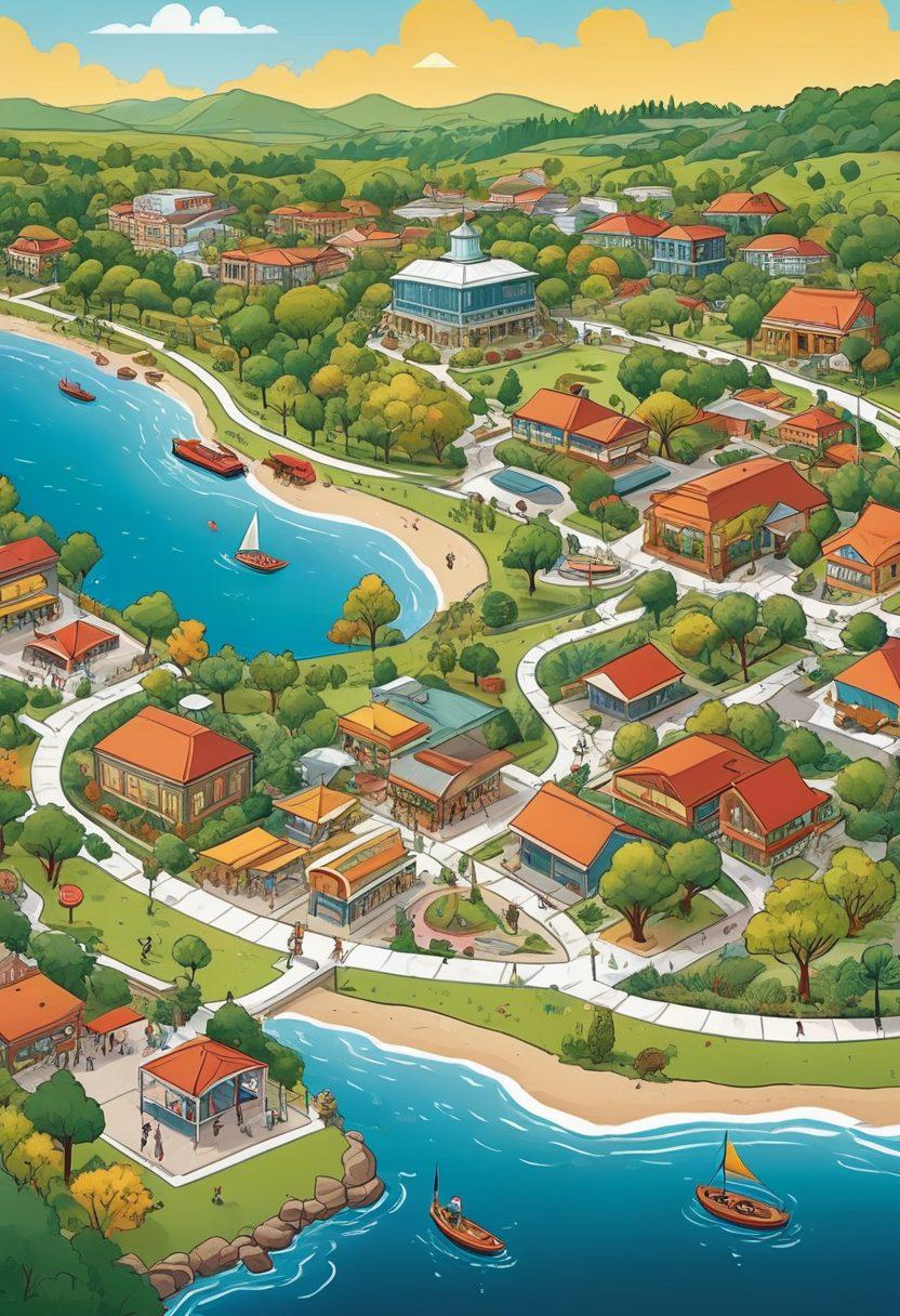 An illustrated map of the Alkoora community featuring key landmarks, friendly locals offering guidance, and various resources like libraries and parks. Include vibrant icons representing tips, activities, and culture throughout the map. The background should have a sunny sky and lush greenery. cartoon style. vibrant colors.
